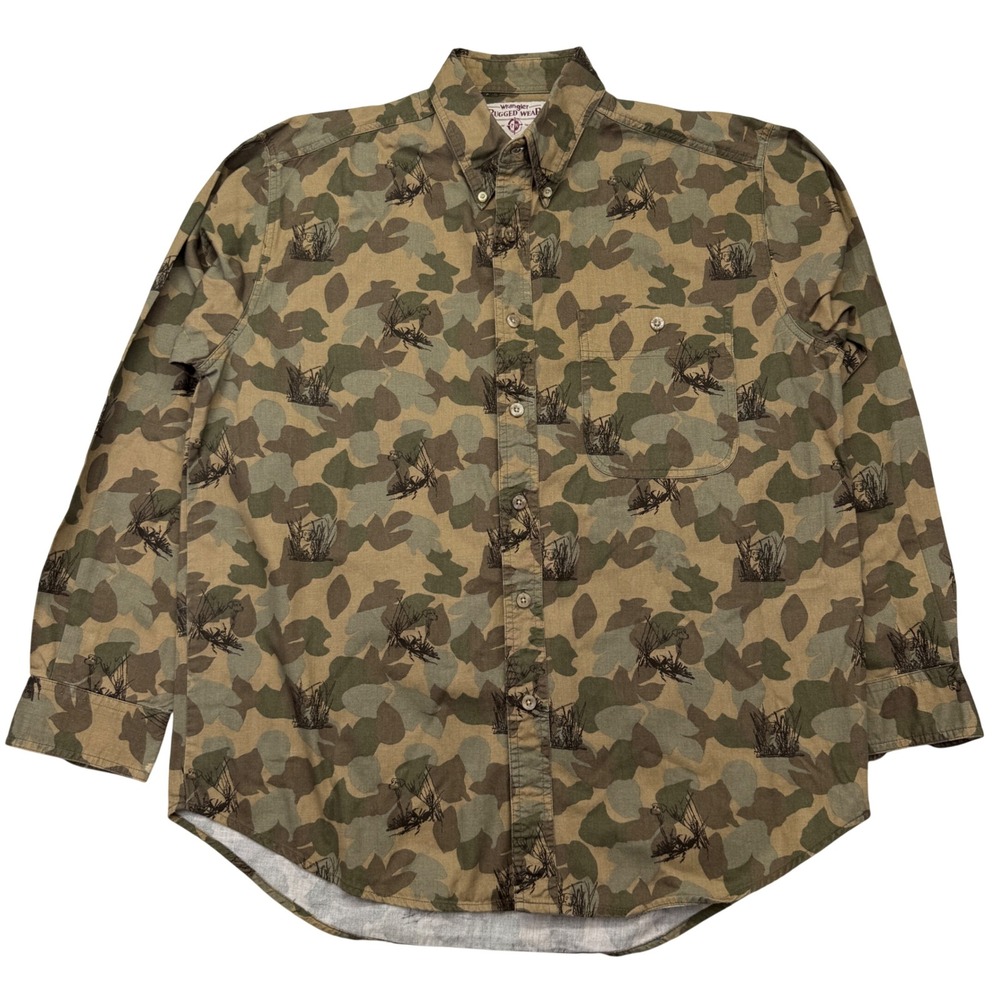 Vintage Wrangler Button Down Mens L Green Camo Rugged Wear Hunting Duck Dog